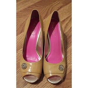 Lilly Pulitzer Tan & Gold Patent Nude Leather wedge Peep Toe Resort Heels 6.5‎